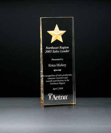 Acrylic Awards Constellation Series etched star with gold paint-fill and mirrored bottom Octagon Series rosewood piano-finish base and post with gold metal accents A6595 Overall 2 7/8 x 8 Engraving