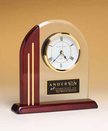 Arch clock with glass upright and rosewood piano-finish post and base Desk clock with double pen