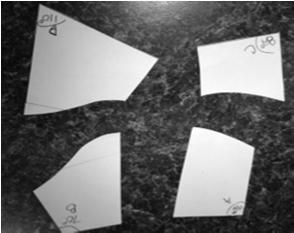 ) T: Cut your trapezoid into two parts by cutting between the parallel sides with a wavy cut. (As shown to the right.) S: (Cut.) T: Place alongside. (See image.