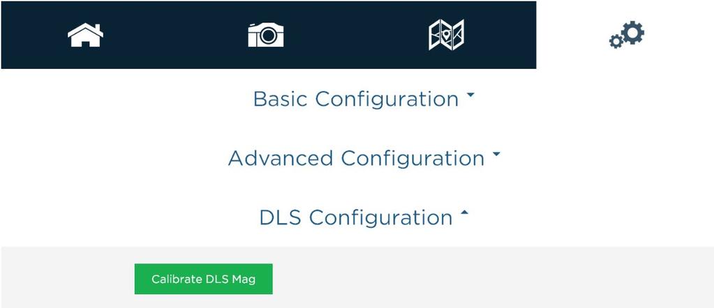 From the Settings page, access the DLS Configuration section. Calibrate DLS Mag is a clickable button that will start the calibration process.