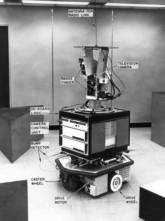 Shakey (1966-1972 ) Shakey (Stanford Research Institute/SRI) the first "autonomous" mobile robot to be operated using AI techniques Simple tasks to solve: To recognize an object