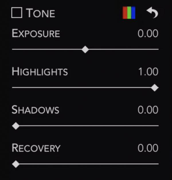 TONE The Tone adjustment allows you to control the brightness of the image. There are four related controls in the Tone adjustment.