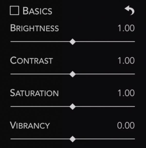 BASICS The Basics adjustment provides some simple, familiar tools. Brightness: makes the image brighter or darker using a gamma function.