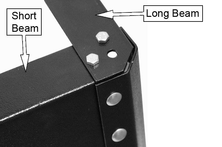 Connect the two sub assemblies together using 2 long cross members, 2 long beams, and 8 short round head screws with nuts and washers, Do not