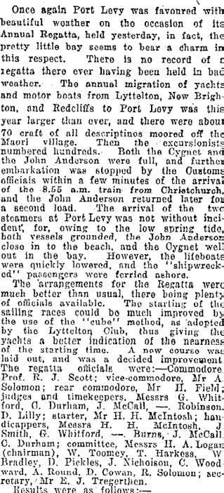 Papers Past Home English Māori Introduction Search Browse 2 September 1922 Papers Past > Press > 3 April 1923 > Page 11 > PORT LEVY REGATTA. PORT LEVY REGATTA. MAORI CONCERT.