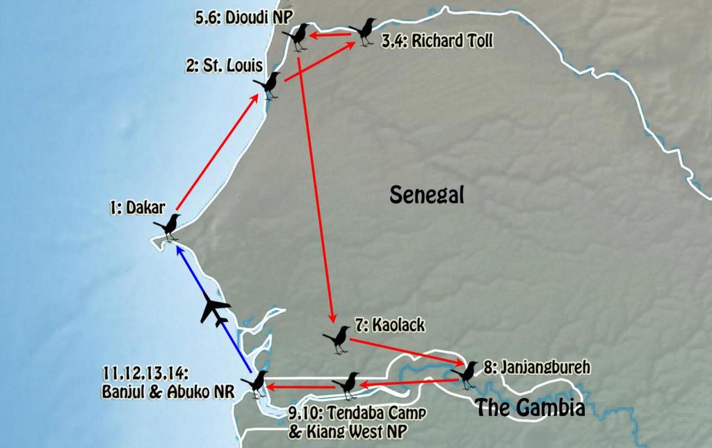 RBL Gambia & Senegal Comprehensive Itinerary 2 THE TOUR AT A GLANCE THE ITINERARY Day 1 Arrival day in Dakar, Senegal Day 2 Day 3 Day 4 Day 5 Day 6 Day 7 Day 8 Day 9 Day 10 Day 11 Days 12 to 14 Day