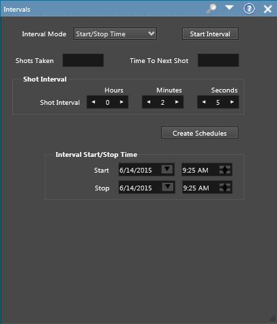 Create Schedules Click to open the dialog box that allows creating interval schedules for each day of the week. Interval Mode When interval shooting is set the type of interval mode is selected.