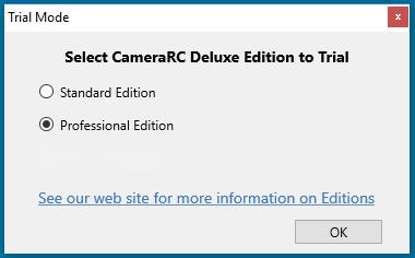 Applying your license at startup During the trial period when you start CameraRC Deluxe the following license dialog will be displayed each time the program is started.