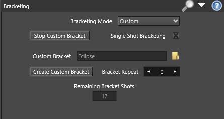 Set the Number of Shots for the desired total number of shots for the bracket. The Number of Shots available depends on the Exposure Increment size with more shots available with smaller increments.