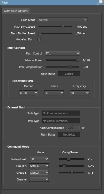 The Flash Panel contains the controls that can control both the internal and external flash capabilities. The controls displayed vary significantly depending on camera Model.