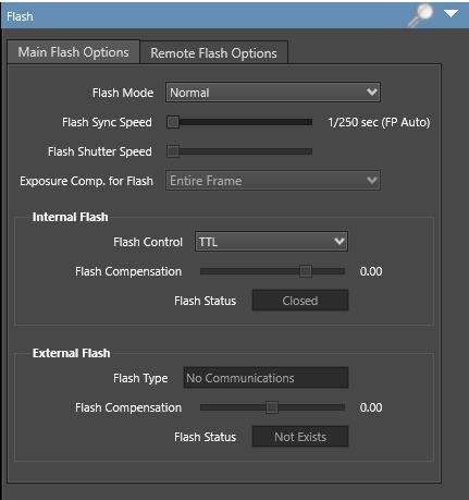 External Flash Comp Displays the External Flash Exposure compensation. Only valid when the External flash is connected and can only be set at the flash unit.