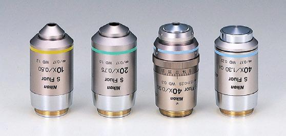 CFI Plan Fluor series Featuring an extra-high transmission rate, especially in the ultraviolet wavelength, and flatness of field, this series is designed for fluorescence observation and imaging.