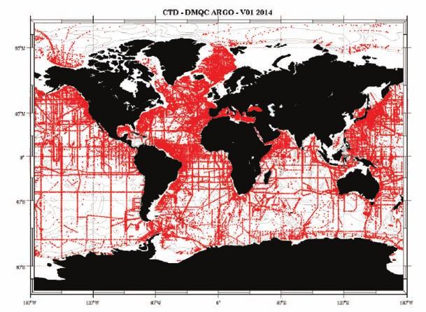 国际动态 图 3 CTD 参考数据库 (2014V01) 6 Argo 资料应用 Argo 数据正在被法国的许多研究人员用来提高对海洋特性 ( 如环流 热量收支和混合等 ) 的认识, 以及探索如何应用于海洋模式 ( 如改进盐度同化 ) 中 Coriolis 与法国业务海洋预报中心 (Mercator) 共同开发了一个 MERCATOR 业务化海洋预报系统, 该系统已同化进了包括 Argo