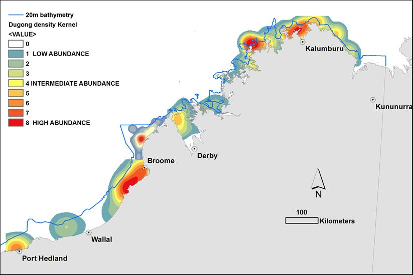 Combined North and South Kimberley Surveys DUGONG - Abundance hotspots. All sighting data were used to map smoothed densities across A5-km aerial survey grid.