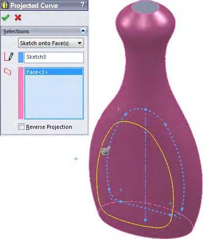 Click in the Projection Faces list and select the model face by default, the system projects the sketch normal to the sketch plane (along the positive Z- axis).
