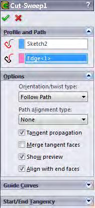 If you do not use Align with End Faces, the cut terminates when the profile reaches the end of the path, leaving a small lip of uncut material.