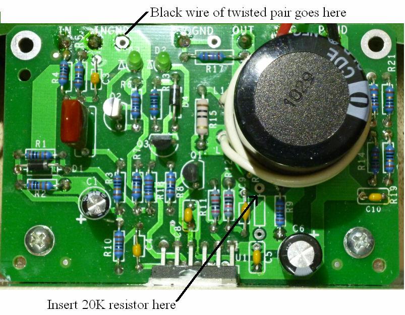 Insert the free end of the 20K resistor into the RIGHT channel circuit board, from the component side, at the location shown in Figure 8.