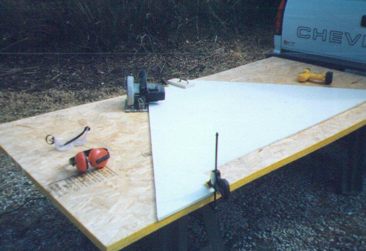 Multiples of up to 4 sheets of OSB sheathing can be cut using a power saw and the cutting pattern.