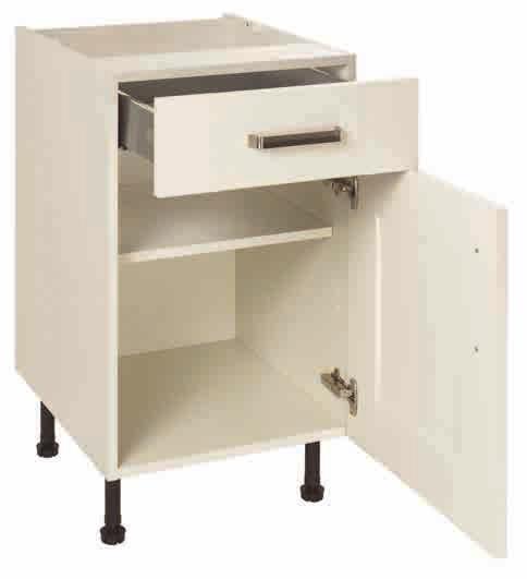 BASE UNIT SPECIFICATION 18MM CABINET FEATURES Removable back with void of 66mm for pipes, etc 16mm chipboard base Metal sided drawer box