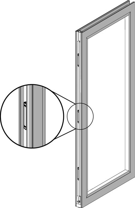 Align the bottom pin of the swing door with the swing door pivot pin hole in the bottom track. 2.