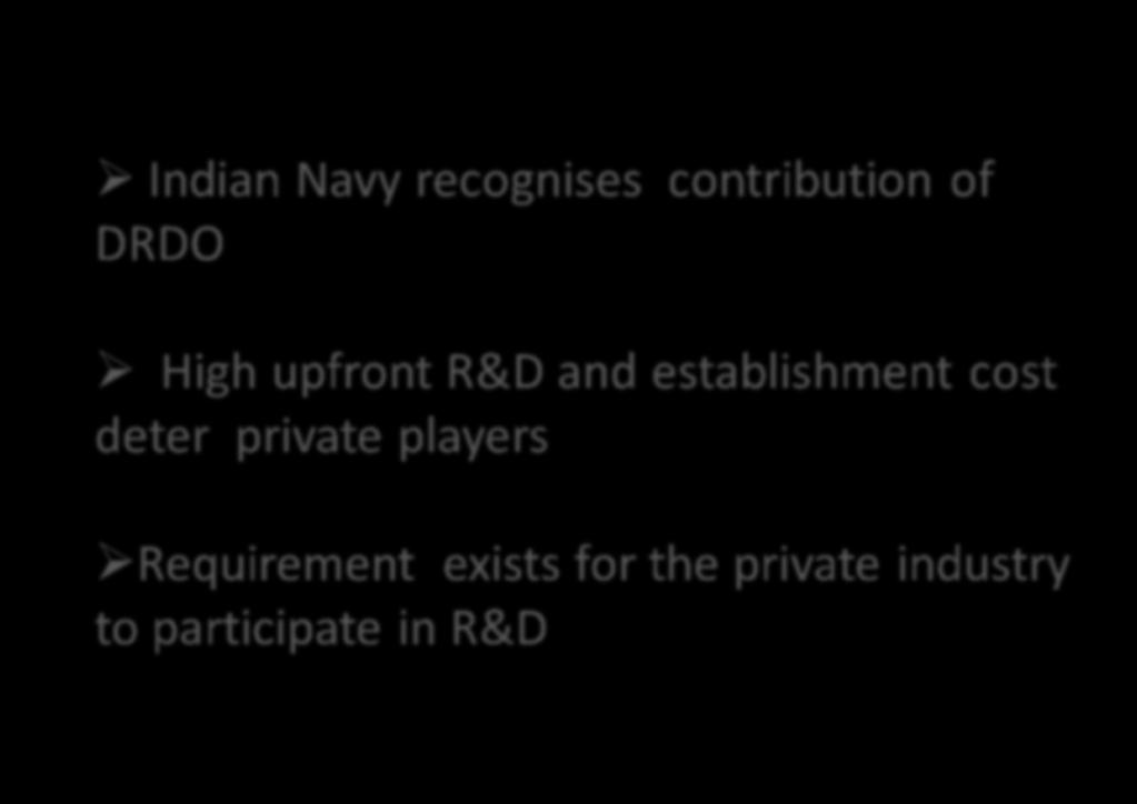 INVOLVEMENT OF PRIVATE INDUSTRY IN R&D Long standing contribution of DRDO High upfront R&D and