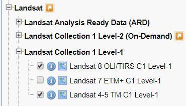 Figure 7. Part of Landsat collections available in Earth Explorer, as search criteria Figure 9.
