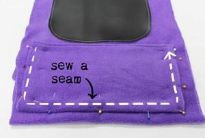 This should be at least an inch smaller than the width of your monster fabric, and about 6 inches tall. Fold one long side of your fabric under and sew a seam to get a finished edge.