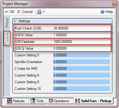 You can specify in the G38 Feedrate (Custom Setting 3) field the value of F (B-axis feedrate (mm/min)). If no value is entered, 30 mm/min will be used by the machine.