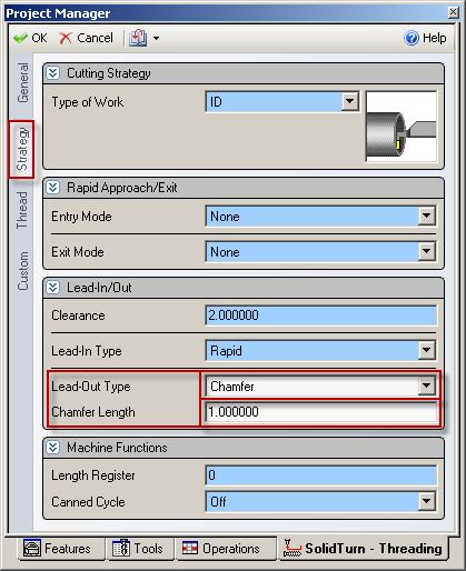 On the Strategy tab, if you set the Lead-Out Type to Chamfer and the Chamfer Length greater than 0, you will have M23 (chamfer ON) output prior to the G76 or G92 commands.