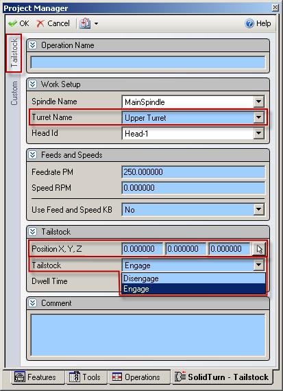 In the Dwell Time field, you can specify a dwell that will be output at the end of the tailstock engagement.