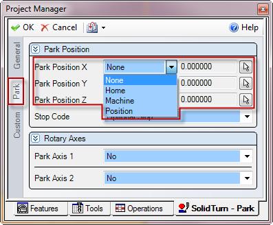 Set Park Position X, Y or Z to: None: The tool will not move along the selected axis.