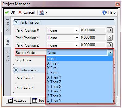 Once your tool movements correctly defined, you will be able to set the Return Mode. It controls how the axes move to the park position.