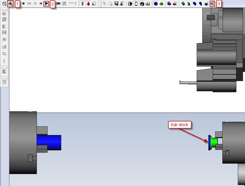 If you restart the simulation, you will be able to see the cut on the spindle 1 and spindle 2