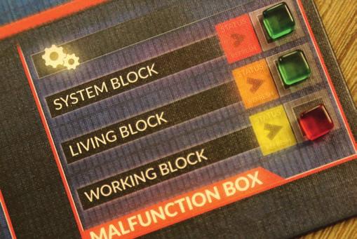 A Threshold value shows how many Broken Parts (in Facility tiles and Facility cards) you may have at the end of the game. Example: There are 4 Broken Parts (red cubes) in your Facilities.