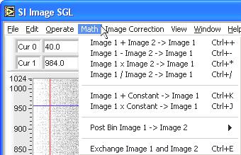 4 Image Math 4.1 Math Menu Image arithmetic operations and image exchange are included under the Math menu shown in Figure 4.1. All image math functions are performed in the default SI Image SGL single precision floating point arithmetic model.