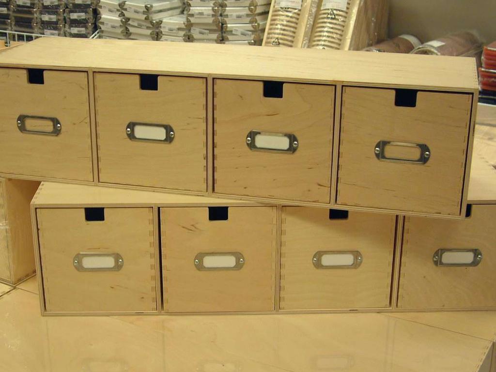 This set of storage drawers come in unfinished plywood allowing them to be coloured to suit their surroundings.