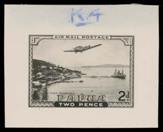 Prestige Philately - Auction No 176 Page: 9 774 P A Ex Lot 774 1937 Air Mail stamp-size photographic reductions of 2d designs of a village scene or Port Moresby Harbour - both