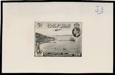 1937 Air Mail ditto, for 2d Port Moresby Harbour with KGVI's portrait added at upper-right, dated "22/10/37" & with the oval '.../STAMP/PRINTING BRANCH/.