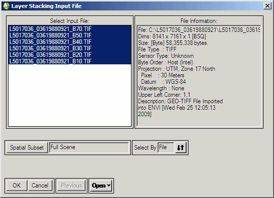 12 3) In LAYER STACKING INPUT FILE Select all of the bands you opened in Step A above (i.e., Bands 1 5 and 7) and click OK. This will take you back to the Layer Stacking Parameters window.