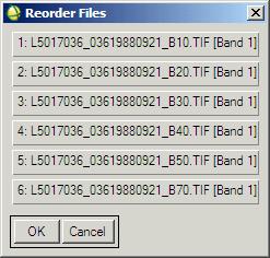 4) In LAYER STACKING PARAMETERS Click 5) In REORDER FILES Click and drag the files into position. Band 1 ( _B10.TIF ) is at the top, while Band 7 ( _B70.TIF ) is at the bottom.