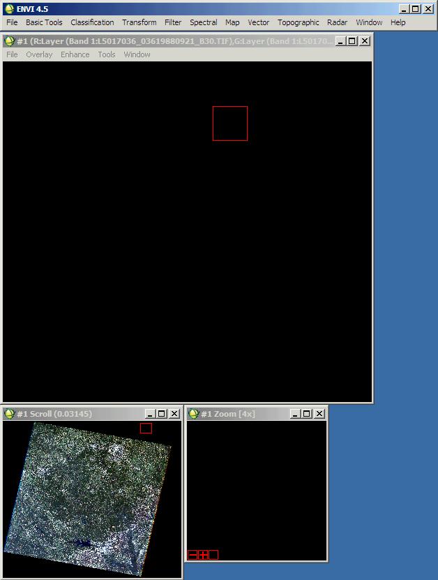 will now have three ENVI display windows open: 1) the IMAGE window ( #1 R:Layer ), 2) the SCROLL window, and 3) the ZOOM window.