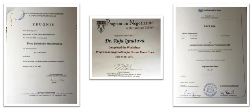 Ruja s diploma from Oxford University and the top middle document is from the University of Konstanz.
