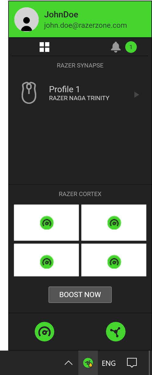 5. USING RAZER CENTRAL THE RAZER CENTRAL SYSTEM TRAY ICON The Razer Central icon, found on the system tray, enables you to access Razer Central's expanded system tray,