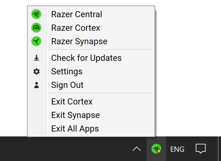 Opens the expanded system tray function. Click here to know more about the Expanded system tray Right-click on the Razer Central icon.