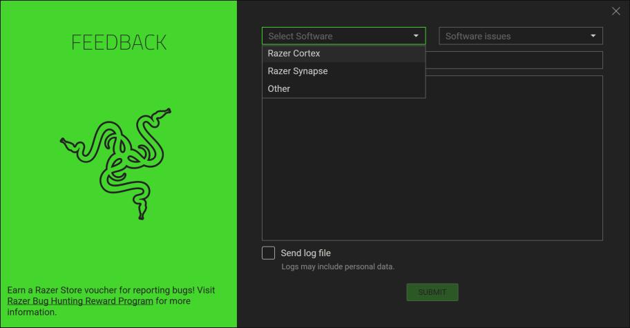 SUBMITTING FEEDBACK Razer Central has an inbuilt function that allows users to send feedback and report encountered problems to our Razer Support Team.