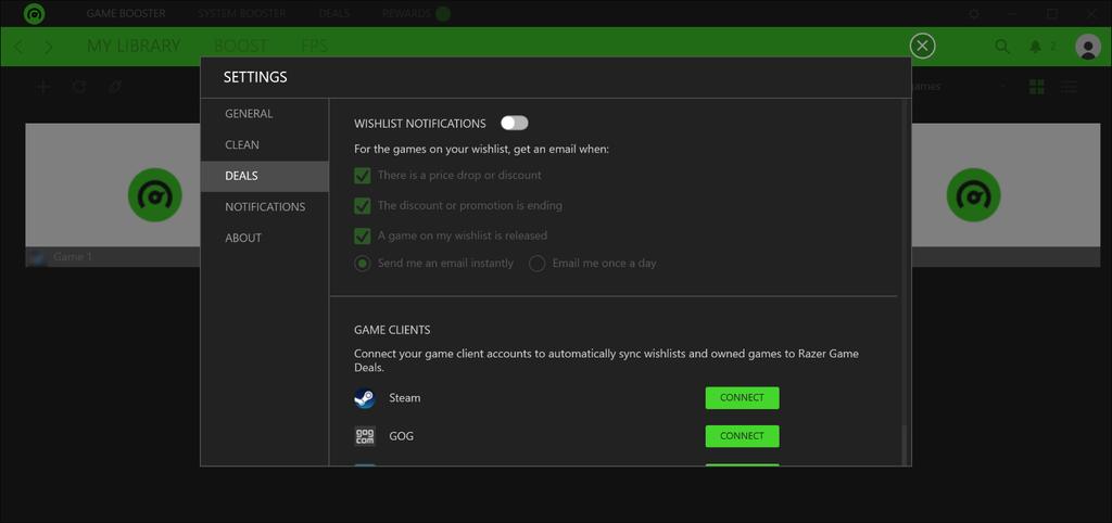 Use the DEALS tab to opt-in to Game Deals manage wishlist notifications and game client account connectivity.