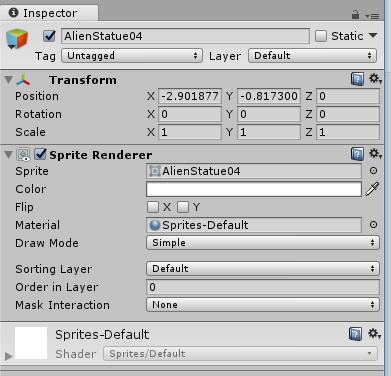 By default your sprite should have the Transform and Sprite Renderer component. The transform does as explained above, and the sprite renderer is what s actually displaying our object in the game.