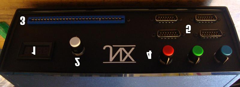 Getting to Know Your JNX DM3 Supergun 1. Volt Meter Shows what the +5v line is currently putting out. 2. +5v line adjustment knob. Default is in the 9 o'clock position.