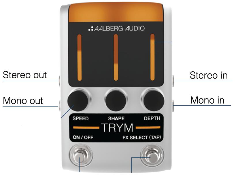 7. INPUT/OUTPUT SETUPS The Aalberg TRYM TM TR- 1 Tremolo Pedal offers the following mono/stereo configurations: 1. Mono in/mono out 2. Stereo panning 3. Dry/wet split 4. Dual mono 1.