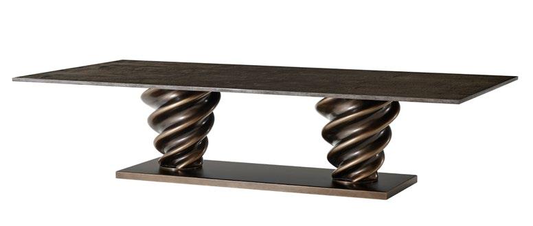 JD54014 Fresh Twist Round Dining Table Dining Table Graphite Curly Maple Veneered Top Bronzed Composite Twist Column Base Dark Bronze Plinth Base 691/4 W x 691/4 D